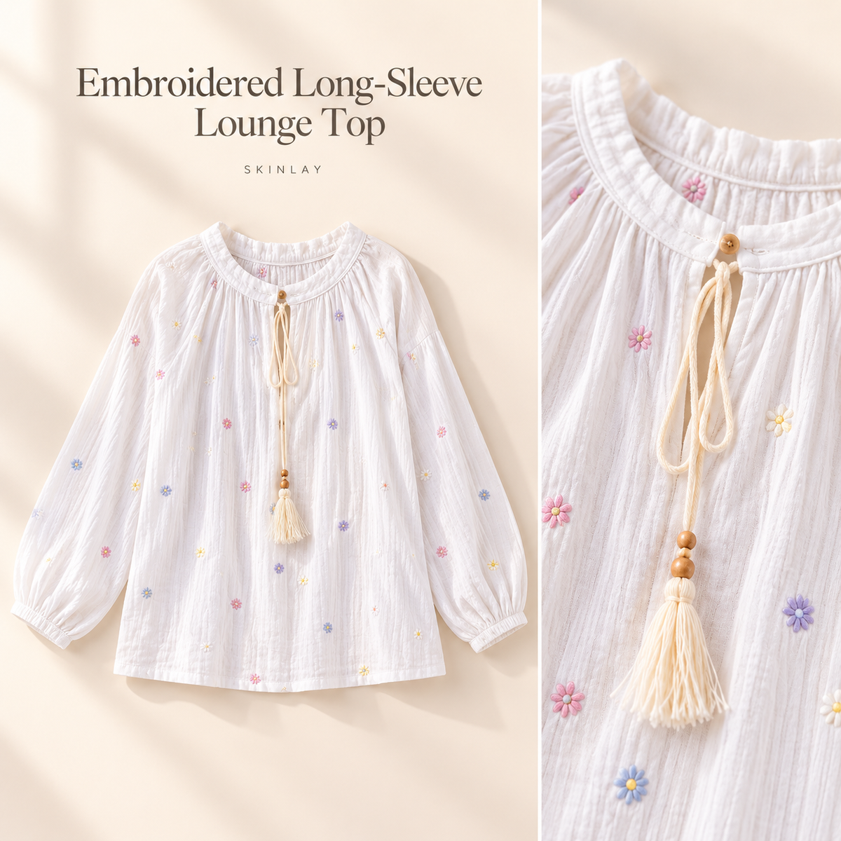 Embroidered Long-Sleeve Lounge Top