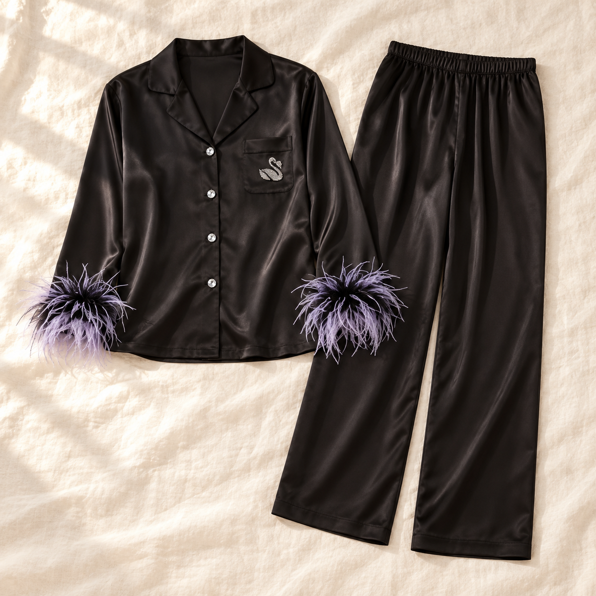 Feather-Trim Pajama Set