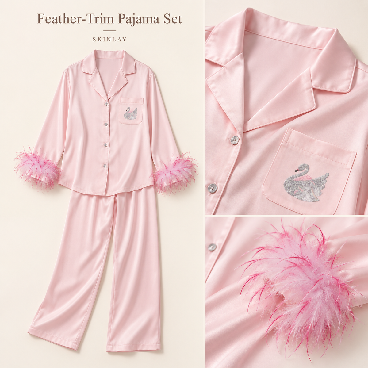 Feather-Trim Pajama Set