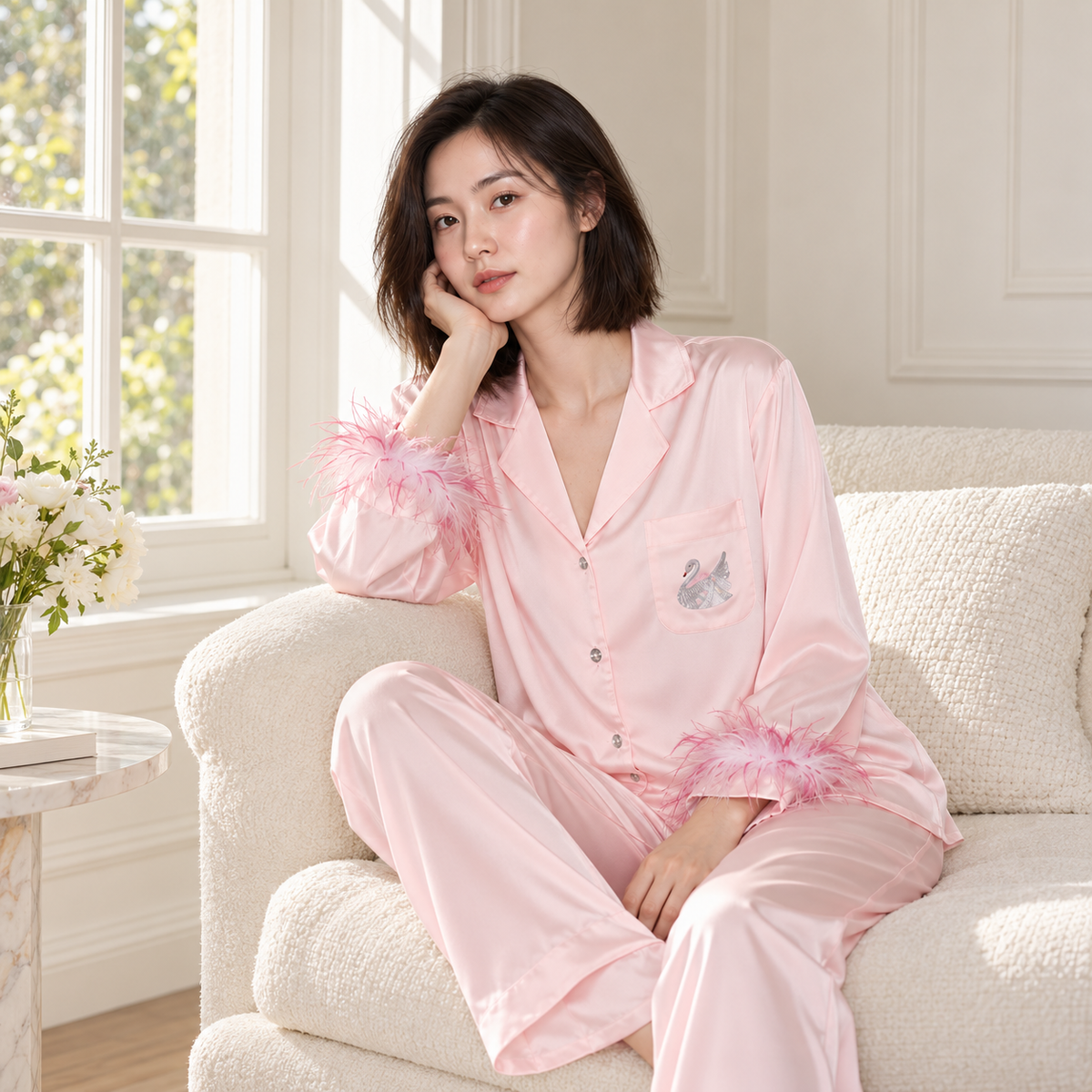 Feather-Trim Pajama Set