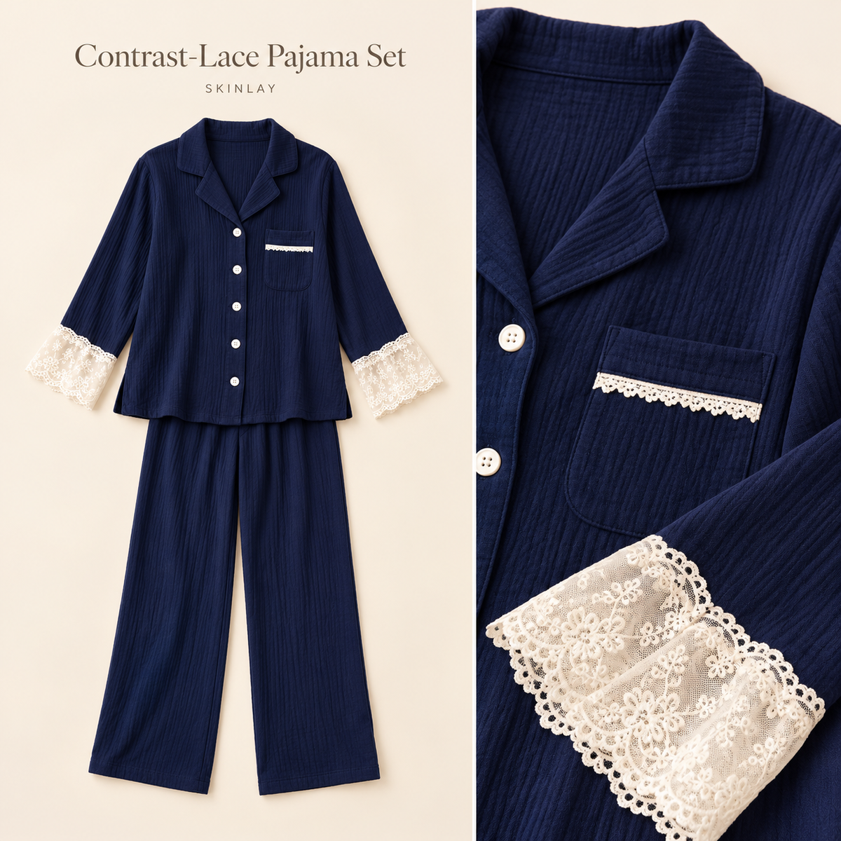 Contrast-Lace Pajama Set