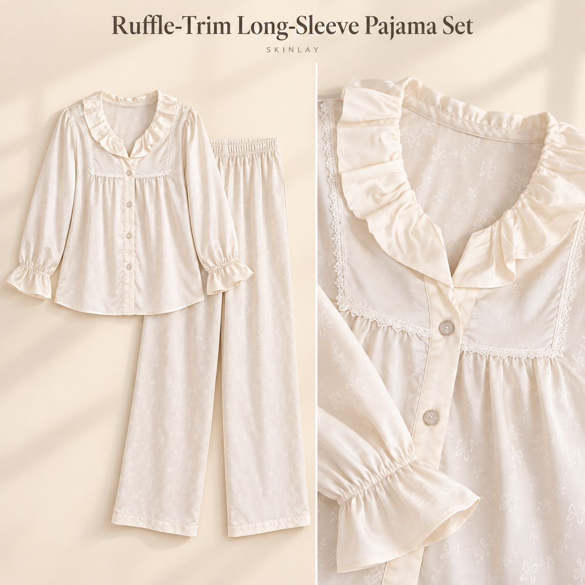Ruffle-Trim Long-Sleeve Pajama Set